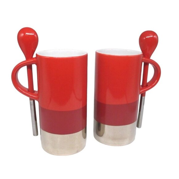 2 Starbucks Espresso Coffee 8 oz Mugs with Spoons Red Silver Modern Style - Picture 1 of 3